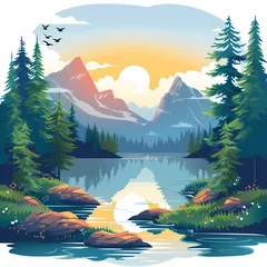 Poster Nature landscape vector illustration. Cartoon flat illustration summer beautiful nature, green grasslands meadow with flowers, forest, scenic blue lake and mountains on horizon background © anast