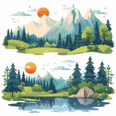 Wandcirkels aluminium Nature landscape vector illustration. Cartoon flat illustration summer beautiful nature, green grasslands meadow with flowers, forest, scenic blue lake and mountains on horizon background © anast