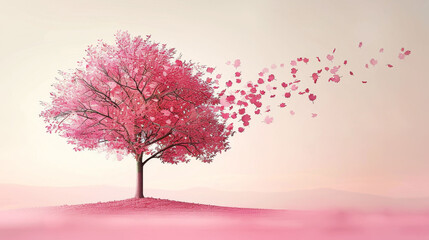 Fototapeta premium Ethereal pink tree shedding vibrant leaves on a pastel landscape