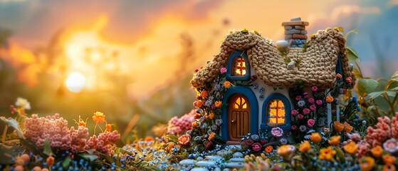 Fototapeta premium Quaint crochet amigurumi cottage with a thatched roof, surrounded by a flower garden, sunset background , cinematic