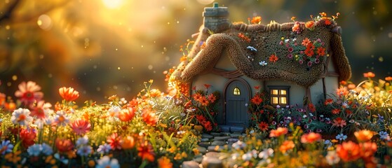 Quaint crochet amigurumi cottage with a thatched roof, surrounded by a flower garden, sunset background , cinematic - obrazy, fototapety, plakaty
