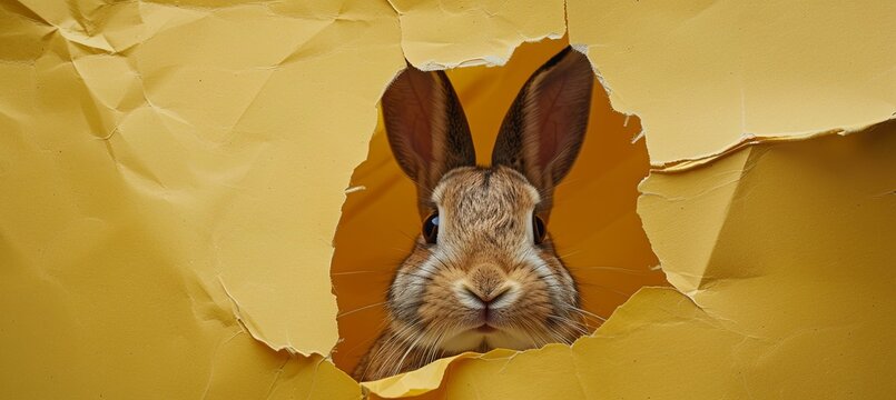 A rabbits whiskers are peeking out of a hole in the paper