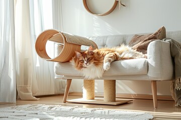 A red maine coon cat is lying on top of the cat climbing frame