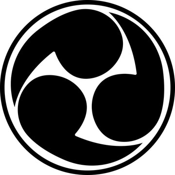 Shinto Japanese religion Hidari mitsudomoe symbol. Tomoe comma vector silhouette icon, Oriental sign, Tomoe hams symbol formed by three magatama, on transparent background, Rightwise Threefold Tomoe,
