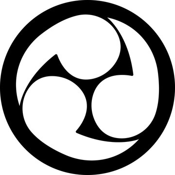 Shinto Japanese religion Hidari mitsudomoe symbol. Tomoe comma vector silhouette icon, Oriental sign, Tomoe hams symbol formed by three magatama, on transparent background, Rightwise Threefold Tomoe,