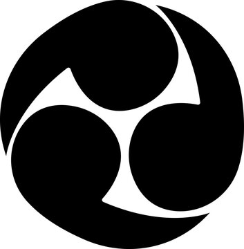 Shinto Japanese religion Hidari mitsudomoe symbol. Tomoe comma vector silhouette icon, Oriental sign, Tomoe hams symbol formed by three magatama, on transparent background, Rightwise Threefold Tomoe,