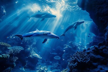 Fototapeta na wymiar Three dolphins swim in the electric blue waters near a coral reef