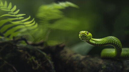 Obraz premium Green Pit Viper Snake Coiled on Branch | Background picture