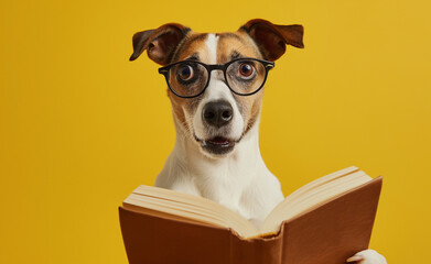 Surprised dog in glasses holding opened book, on yellow background.