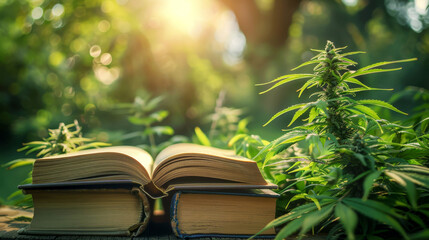 Open books on cannabis cultivation surrounded by lush plants in sunlight