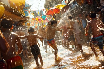 A crowd enjoying water activities at a public event in the city