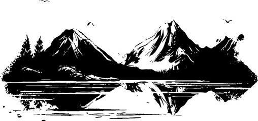 Natures Horizon Sketchy Seascape Icon Mountain Majesty Sketch Landscape Emblem