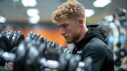 Focused Gym Enthusiast Performing Dumbbell Bicep Curl with Precision and Dedication