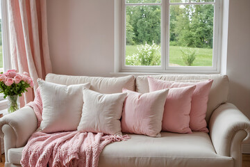 Close up of a sofa with pink colored pillows in a modern living room.