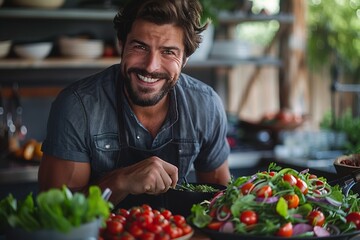 Fototapeta premium A young Caucasian man happily prepares fresh organic vegetables in his kitchen.