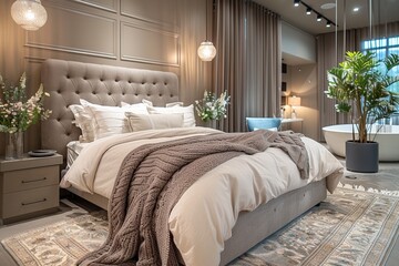 Modern bedroom interior with comfortable bedding, stylish furniture and elegant decor.