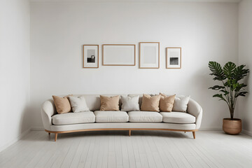 Living room interior in beige colors with white frames. White wall with frames and loveseat sofa in a scandinavian living room - modern interior design.