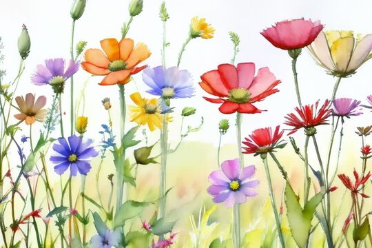 animation, motion effect,  Various watercolor paintings of colorful flowers. (60 fps  6 sec.)