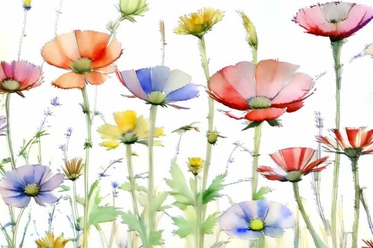 animation, motion effect,  Various watercolor paintings of colorful flowers. (60 fps  8 sec.)