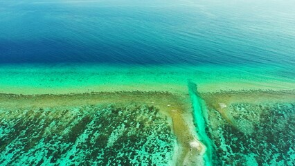 Aerial shot of  coral reefs under tranquil water in the sea and a white sandy beach