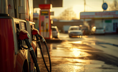 Oil pump and nozzles at the gas station on the street. - obrazy, fototapety, plakaty