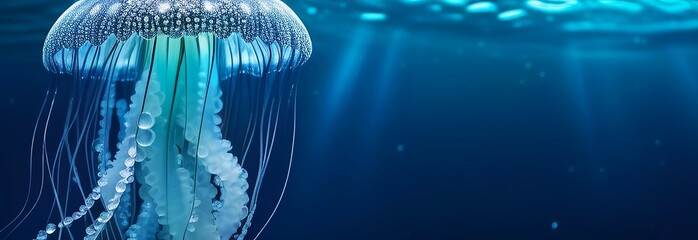 luminescent diamond jellyfish gracefully suspended in deep blue waters. concepts: wallpaper or digital backgrounds, mystery, exploration and unknown, marine-themed events, underwater attractions - obrazy, fototapety, plakaty