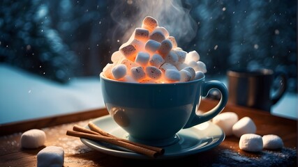 Transport yourself to a winter wonderland with this stunning image of a steaming cup of hot chocolate, adorned with a mountain of fluffy marshmallows. The warm glow of the fireplace in the background  - obrazy, fototapety, plakaty