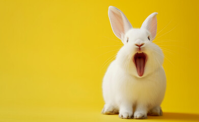 Obraz premium Joyful Bunny: A White Fluffy Companion Spreading Smiles. Yellow Background. 
