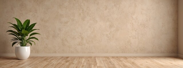 Empty room with beige blank wall and wooden floor. A plant in a pot in an empty room.