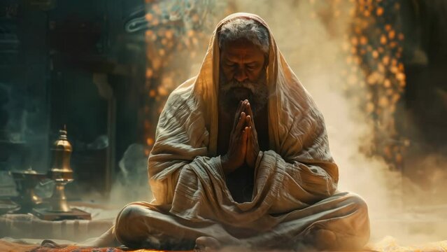 Indian sadhu monk meditating in temple. Religious prayer man. Person sit in lotus pose and pray. Zen yoga practice. Peaceful beauty. Spiritual asana.