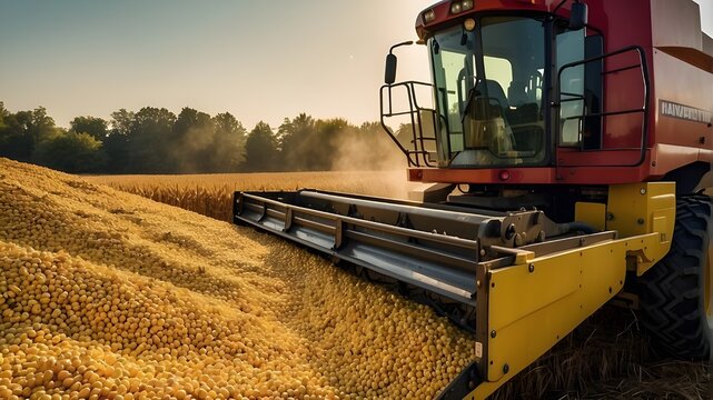 A close-up shot of a harvester in action, as it carefully fills a container trailer with freshly harvested corn, maize seeds, and soybeans. The vibrant colors of the crops and the bright afternoon sun