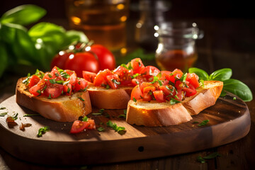 Tomato Bruschetta, Fresh and flavorful appetizer with diced tomato, basil, and olive oil on toasted bread