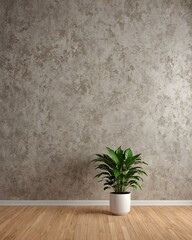 Empty room with gray empty wall and wooden floor. Potted plant in an empty room. Empty room interior design with copy space