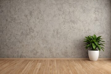 Empty room with gray empty wall and wooden floor. Potted plant in an empty room. Empty room interior design with copy space