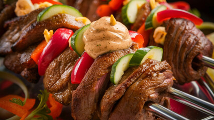 Grilled Beef and Vegetable Skewers with Savory Mustard Sauce, Tasty Kebabs