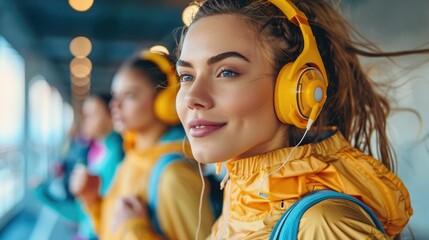 Energetic Woman Listening to Motivating Workout Playlist with Wireless Headphones