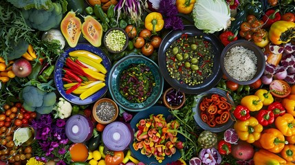 A colorful display of vegan dishes made from fresh vegetables, grains, and fruits showcasing the variety and richness of vegan cuisine on World Vegan Day
