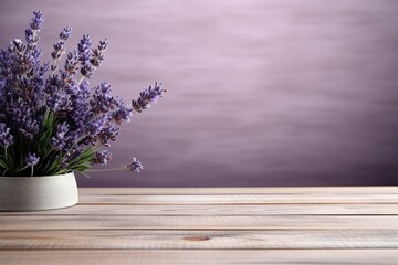 Lavender background with a wooden table, product display template. lavender background with a wood floor. Lavender and white photo
