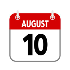 10 August, calendar date icon on white background.