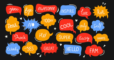 Set of speech bubbles and talks clouds with phrases. Quotes and slang. Calligraphy and lettering. Conversation with words. Sketchy scribbles elements. Abbreviation and arrows. Editable stroke, y2k 