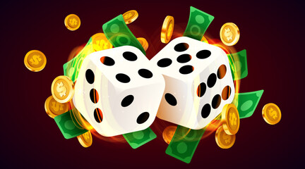 Two dices, surrounded by a luminous frame and coin explosion. Luck banner. Casino concept.