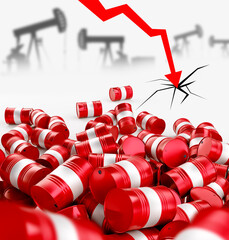 Oil market crisis. Falling red barrels. Crisis situation for fuel companies. Arrow to down....