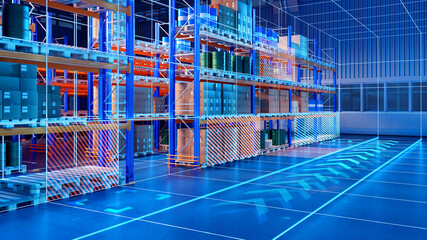 Robotic warehouse. Distribution center with racks. Computer vision lines in storage. Robotic...