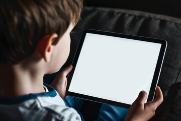 Device screen seen from a shoulder of a young boy holding a tablet with a fully white screen