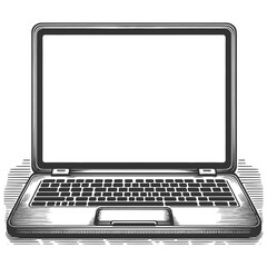 Open laptop computer, showcasing the classic design elements of early portable computers sketch engraving generative ai raster illustration. Scratch board imitation. Black and white image.