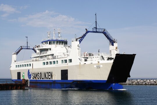 Ballen, Denmark - August 9, 2020: Ferry boat navigating between the harbor of Kalundborg and Ballen on the Samsø island	