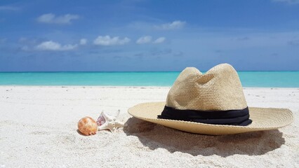 Hat and seashells on a sandy beach