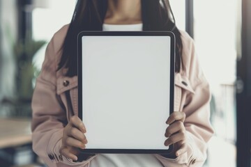 App preview over shoulder of a woman holding a tablet with an entirely white screen
