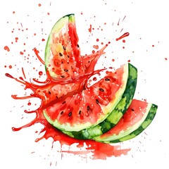 Exuberant watercolor splashes bring to life this vibrant depiction of watermelon slices