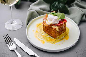 Gourmet poached egg on savory french toast